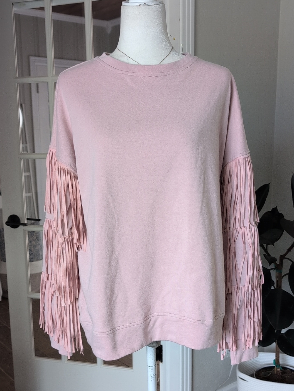 Fantastic Fawn Blush Pink Fringe Sleeve Festival Sweatshirt Small